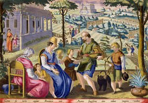アムステのフィリパス・ギャラエウスが出版したヤン・コラート（1566-1628）によって刻まれた、死んだ鳥を売るバードキャッチャー、 &39;Venationes Ferarum、Avium、Piscium&39;（狩猟：野獣、鳥、魚）のプレート76 作： Jan van der Straet